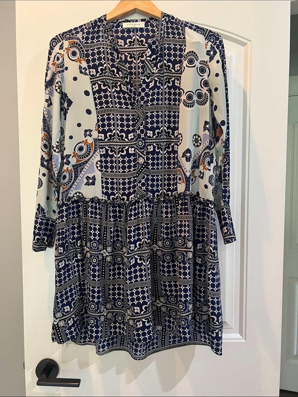 Sandro Silk Navy Long-Sleeve Mini-Dress - Picture 1 of 9